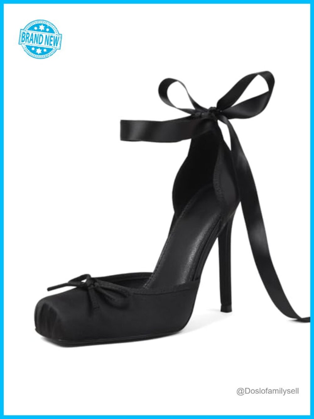 Satin Ballet Heels Closed Toe Stiletto Pumps with Bow Ankle Strap